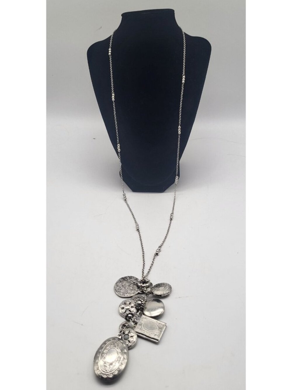 Premier Designs Near & Dear Charm Silver Tone Locket Pendant Long Chain Necklace